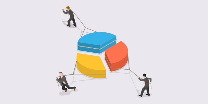 Illustration of three men separating a pie chart