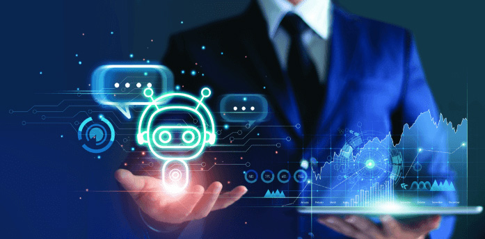 Businessman holding digital chatbot