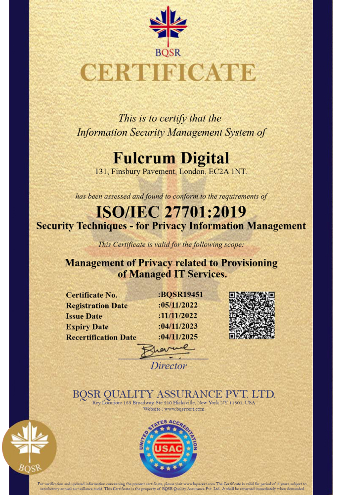 Fulcrum Digital ISO/IEC 27701 certification UK