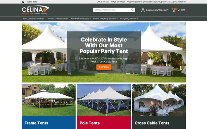 Celina’s ecommerce website showcasing custom tents and accessories