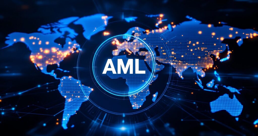 Global map with AML focus, representing regulatory compliance in cross-border payments