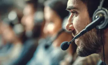 Customer support agent wearing a headset in a call center environment, highlighting customer service and technical support operations.