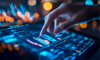 Hand interacting with a digital dashboard full of charts and graphs, illustrating fintech data visualization and real-time financial analytics.