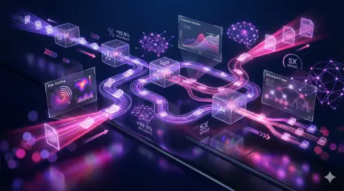 Abstract visualization of automated underwriting workflows with glowing purple data streams and risk dashboards.