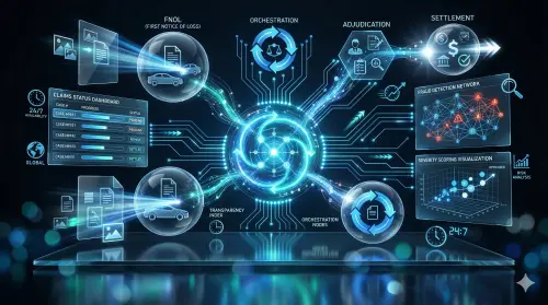 Futuristic central hub interface displaying automated claims processing workflows and fraud detection networks.