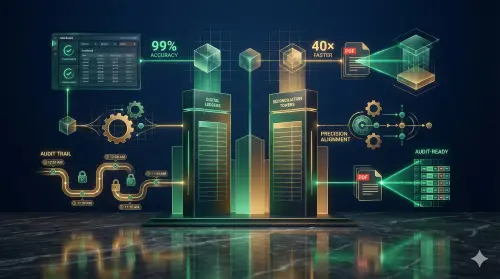 Abstract financial ecosystem featuring digital ledger towers and data flows in emerald green and gold.