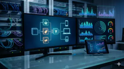 Unified retail analytics command center displaying data transformation pipelines, executive performance funnels, and predictive trend heatmaps on dual widescreen monitors.