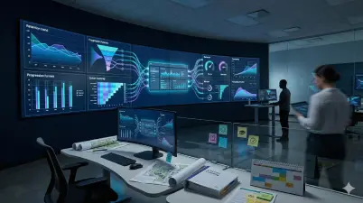 Academic analytics workspace featuring a curved video wall with student retention data, progression funnels, and enrollment forecasting visualizations.