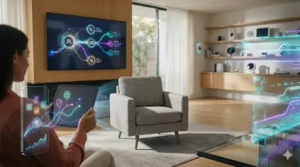 Customer in a modern home using a tablet for an immersive AR furniture shopping experience, featuring a 3D chair visualization and a background journey map display.