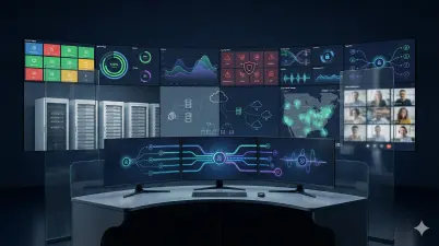 Modern university network operations center (NOC) displaying cloud infrastructure monitoring, server health metrics, and hybrid system integration on a large video wall.