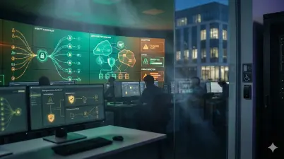 Campus security operations center (SOC) showing real-time cybersecurity dashboards with threat detection, identity access management, and data privacy controls.