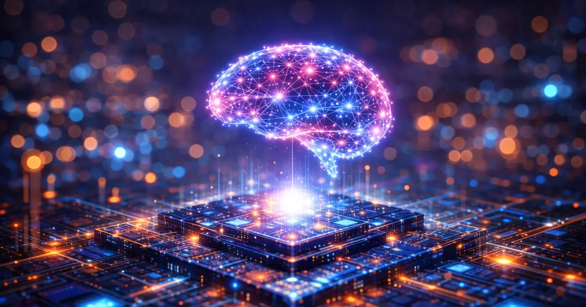 AI Solution Architecture_Hero 1 Glowing digital brain hovering above a futuristic circuit board, with bright pink, blue, and orange network lights in the background.