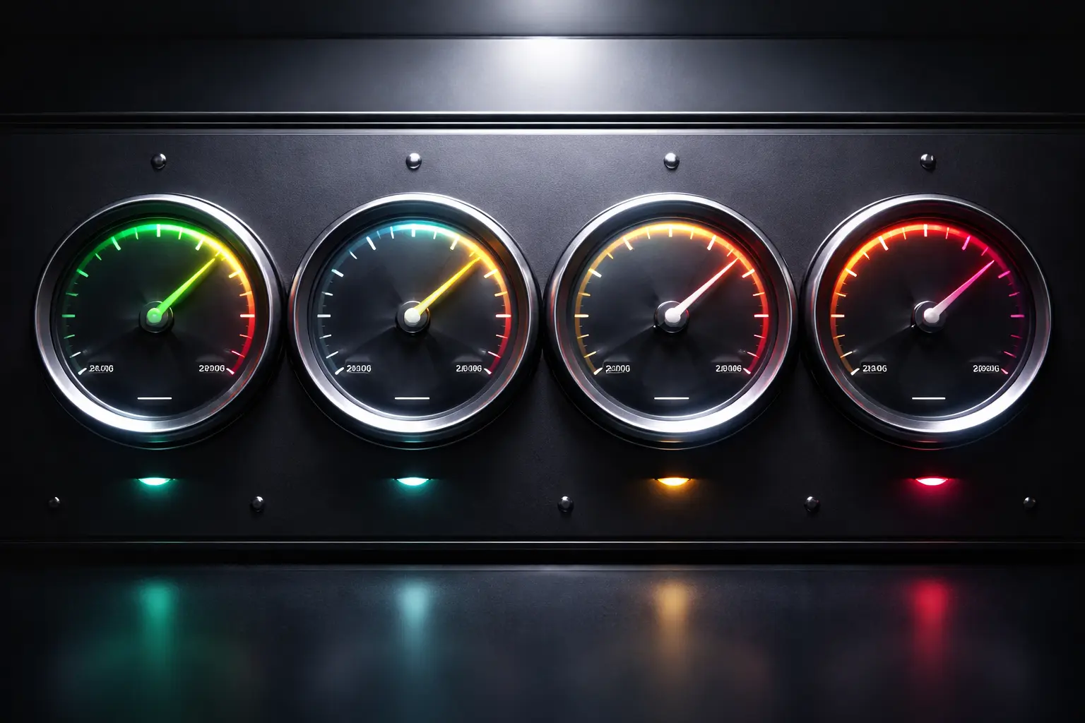 Dark control panel with four illuminated circular gauges in green, blue, amber, and red, each needle pointing toward a high reading.