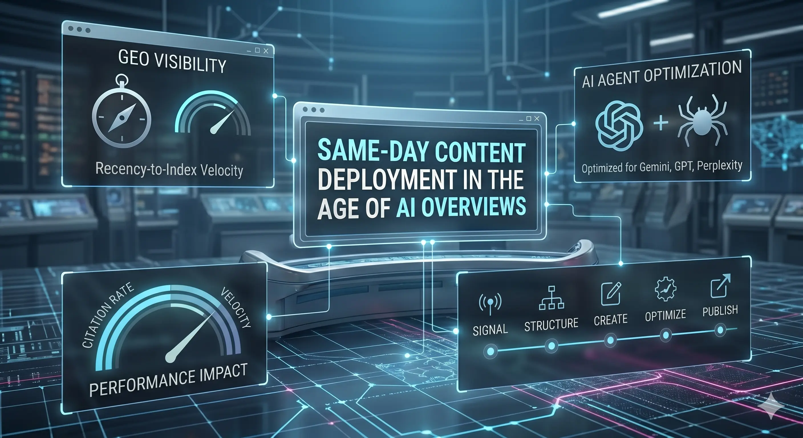 A futuristic digital interface displays the title "Same-Day Content Deployment in the Age of AI Overviews" in the center. Surrounding it are data panels labeled "GEO Visibility" with a compass and meter, "AI Agent Optimization" with logos for OpenAI and a spider icon for search bots, and "Performance Impact" featuring a citation rate gauge. A bottom panel outlines a linear workflow labeled "Signal," "Structure," "Create," "Optimize," and "Publish."