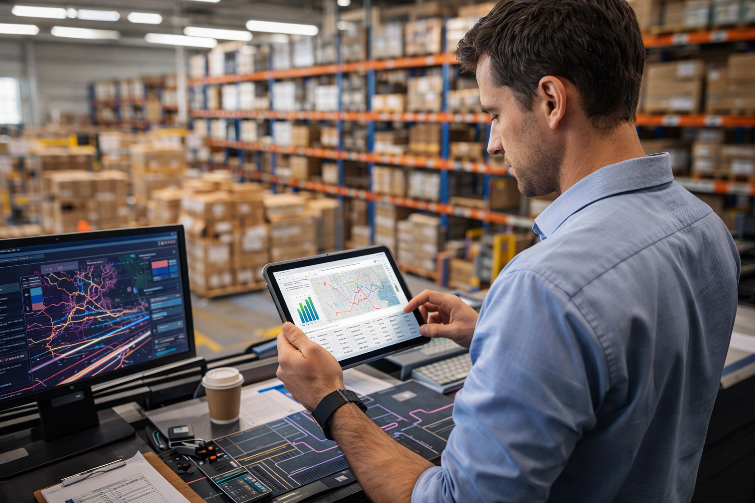 Professional analyzing AI-powered dashboards in a warehouse, representing industry AI applications and real-world use cases in operations and logistics