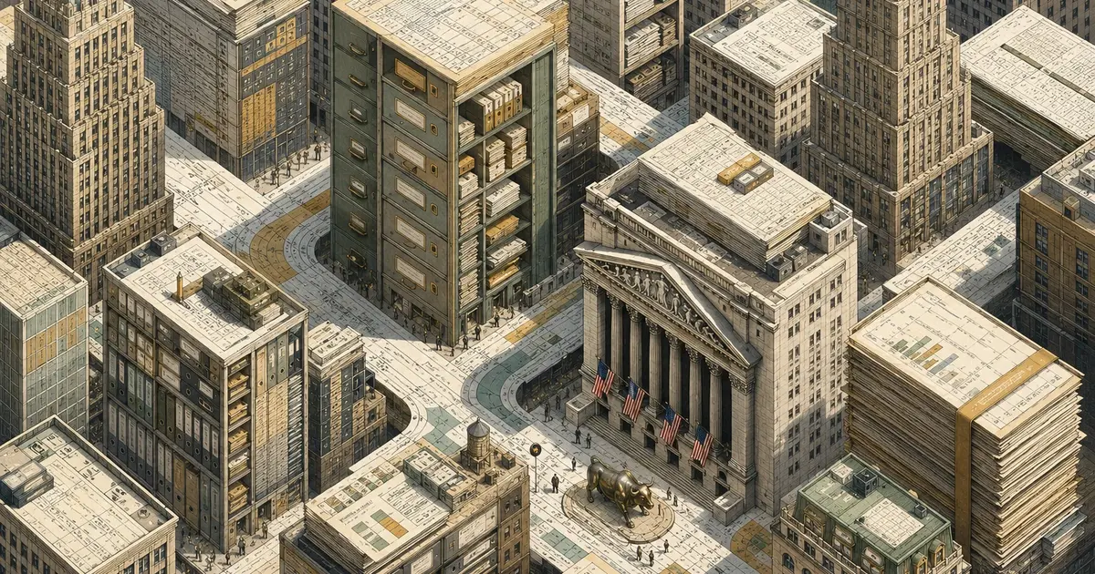 A stylized editorial illustration of New York’s financial district transformed into a system of ledgers, filing cabinets, stacked reports, and document-lined streets. Buildings resemble financial records and audit archives, while winding pathways suggest interconnected workflows, reconciliation processes, and supervised AI operations across banking and financial services.