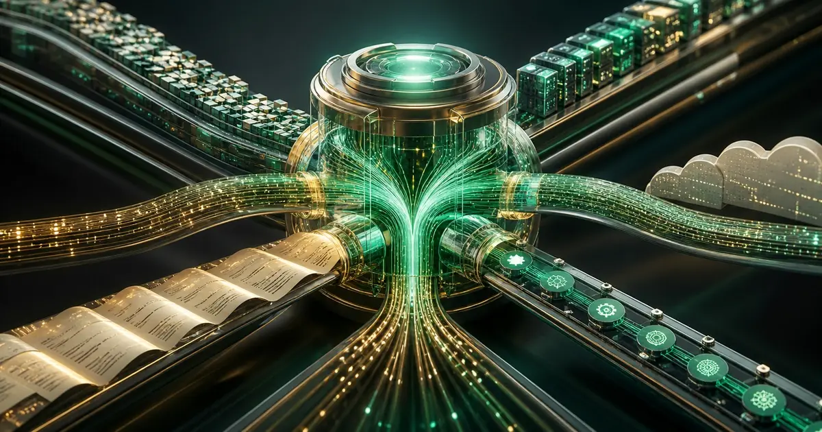 A high-detail render of a central transparent data hub with multiple illuminated pipelines converging from different directions, carrying data blocks, signals, and process flows—symbolizing a unified AI system coordinating enterprise workflows and automation. The scene is set against a dark surface with emerald-green and gold lighting.